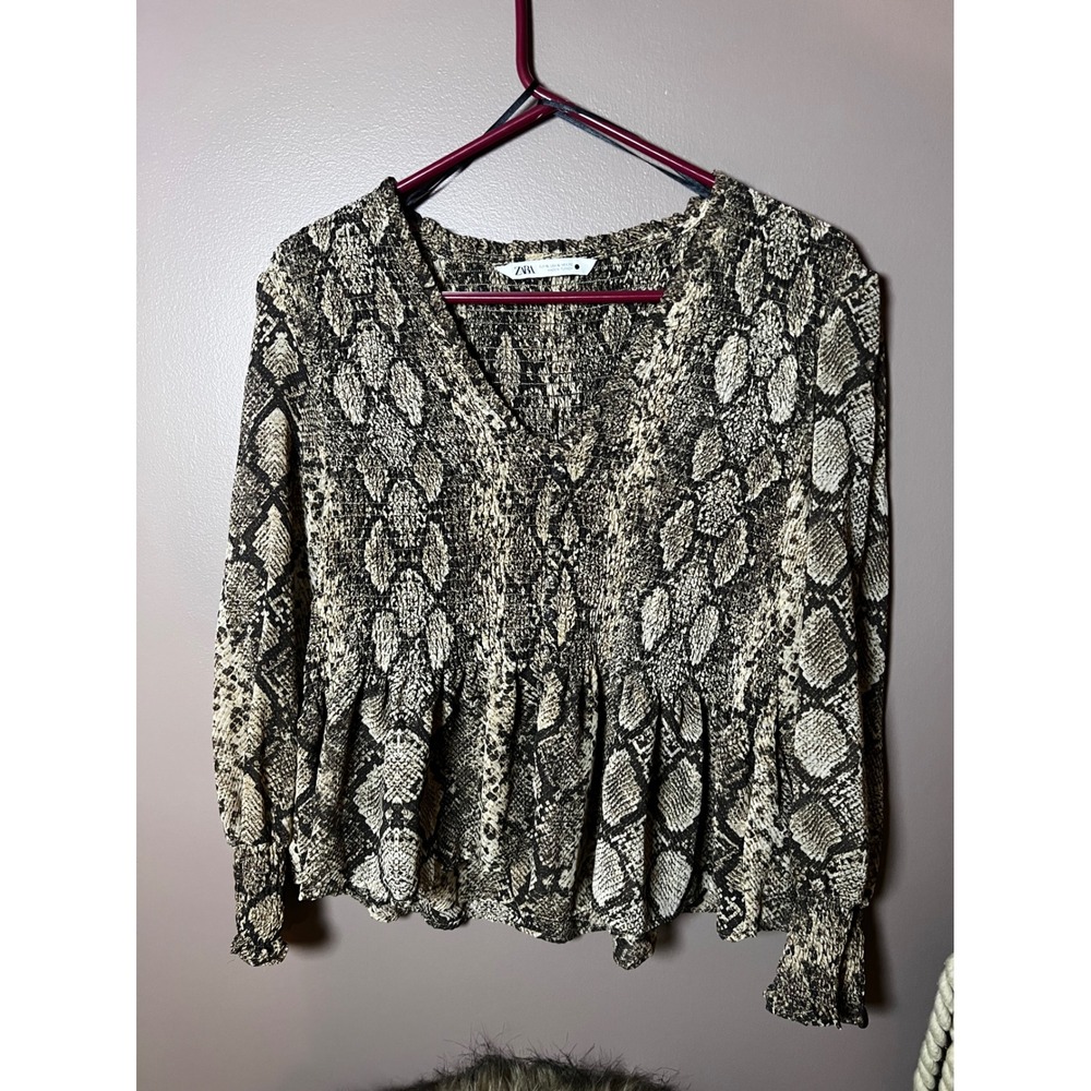 Zara Snake Print Smocked Peplum Blouse Brown Tan V-Neck Long Sleeve XL